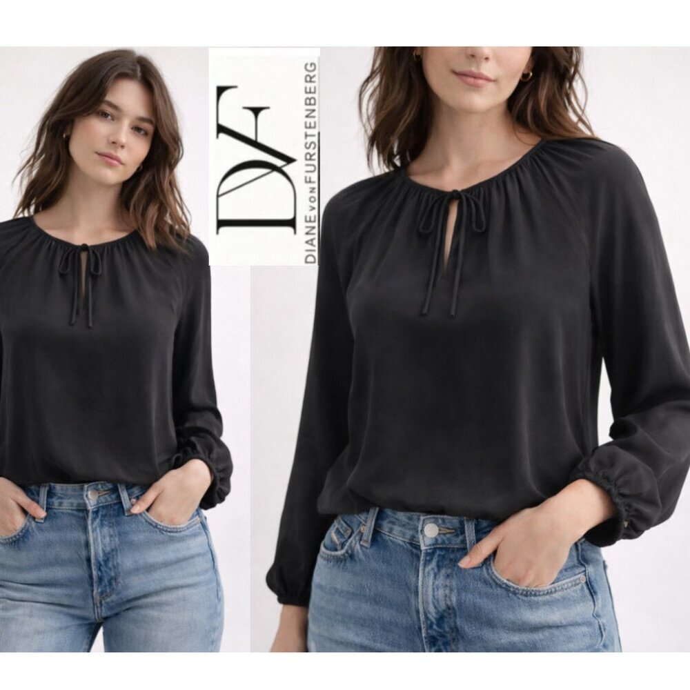 Diane von Furstenberg Silk Blouse V-Neck Small Black Preppy Chic Quiet Luxury